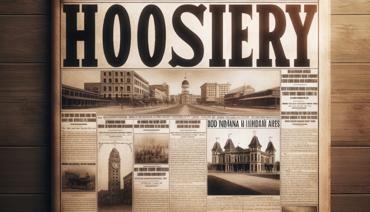 An old-fashioned newspaper front page titled 'Indiana Daily News' with a headline 'Unveiling the Story Behind Hoosier History'. The newspaper has a vintage black and white style, featuring articles and images related to Indiana's history.