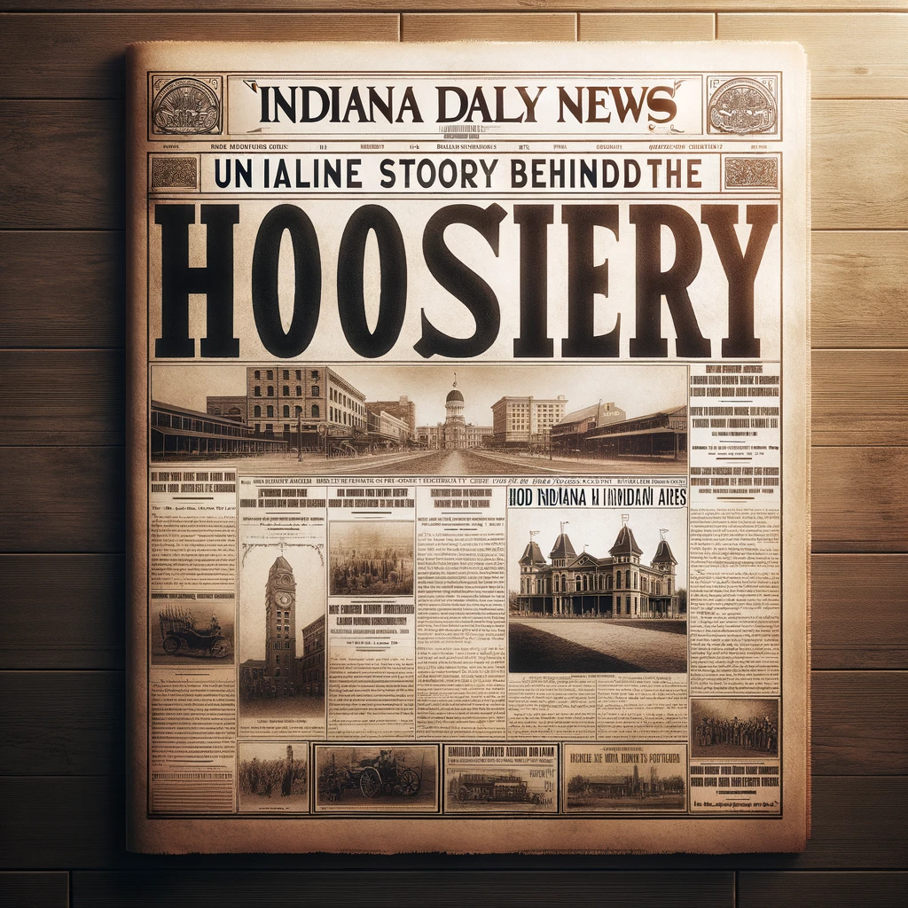 An old-fashioned newspaper front page titled 'Indiana Daily News' with a headline 'Unveiling the Story Behind Hoosier History'. The newspaper has a vintage black and white style, featuring articles and images related to Indiana's history.