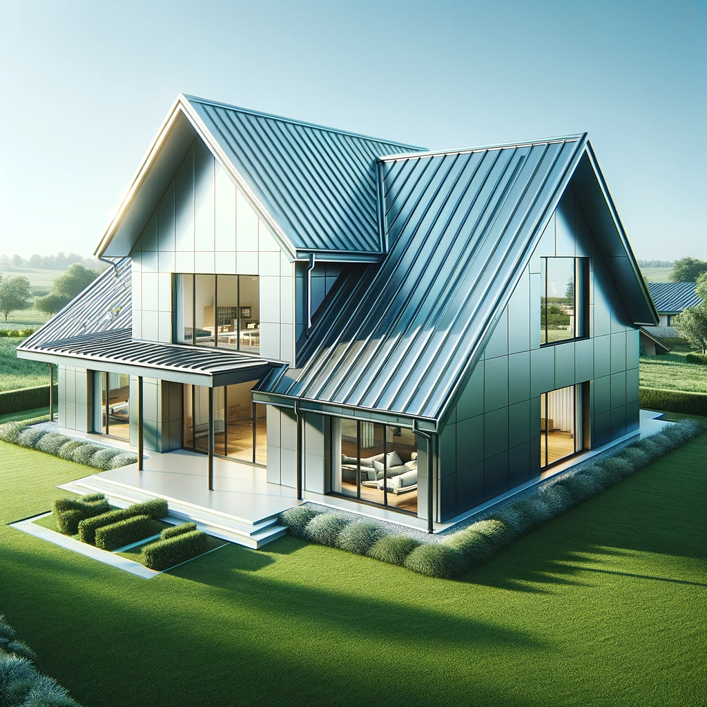 A contemporary house in Indiana with a metal roofing system, surrounded by greenery under a clear blue sky.