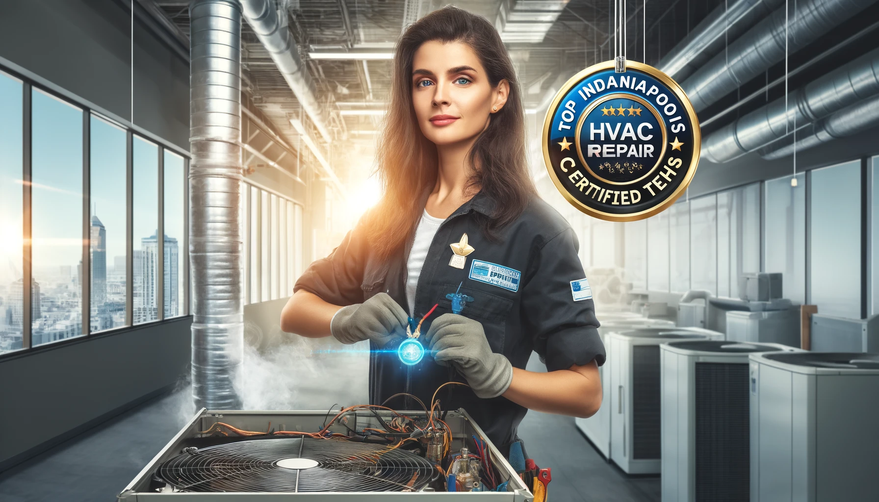 Hispanic female HVAC technician working on a system in a commercial building.