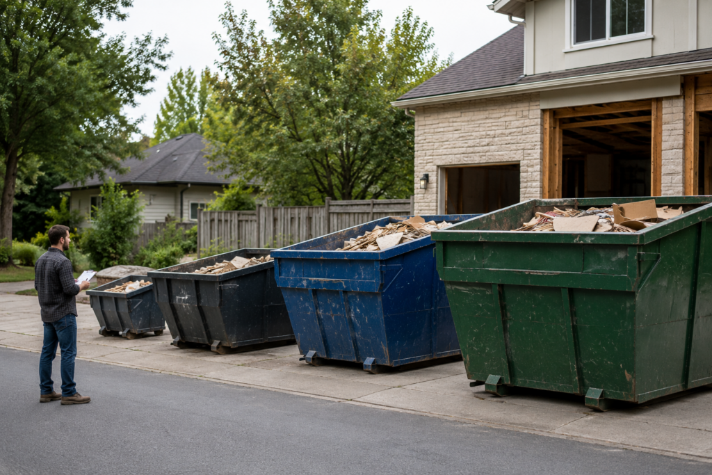 Suburban driveway with construction dumpsters